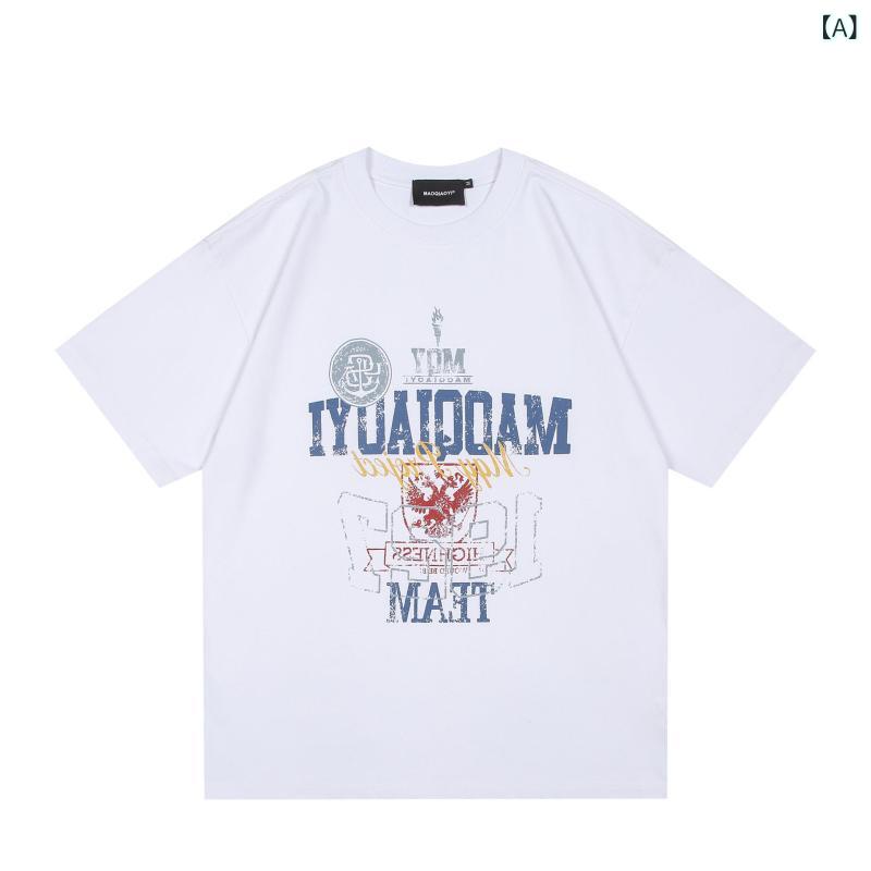 Rakuten - Tシャツ メンズ 半袖 夏 レディース 男性用 トップス 綿 純棉 吸湿速乾 吸湿排汗 丸首 ルーズ ビッグシルエット プリント柄 無地 白色 ブラック 休日用 カジュアル ストリート 復古 アメリカンスタイル 青少年 18-24歳