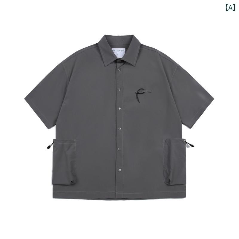 メンズ 短袖 シャツ トップス 翻領 大ポケット ルーズフィット 日式レトロ 純色 シンプル 百搭 耐摩耗 ポリエステル 混紡 深グレー カーキ ネイビー 夏 青少年 普段使い アウトドア カジュアル