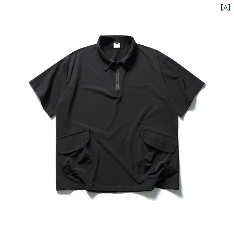 乐天商城 - POLOシャツ メンズ 短袖 夏 ストリート カジュアル 半ジップ ワイドシルエット 切り替え ストライプ 吸湿速乾 化学繊維混紡 ブラック ライトカーキ ダークカーキ 野球風 アメカジ ルーズ トップス Tシャツ アウトドア 普段使い