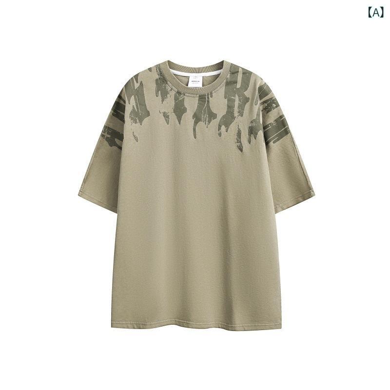 Other - Tシャツ メンズ 短袖 丸首 ゆったり 落肩 グラフィックプリント 日式レトロ コットン混紡 透気性 グリーン 卡其 ブラック 緑 ベージュ 黒 カジュアル 夏用 ストリートファッション ビンテージ加工 個性派 トップス ラグランスリーブ ゆったりシルエ