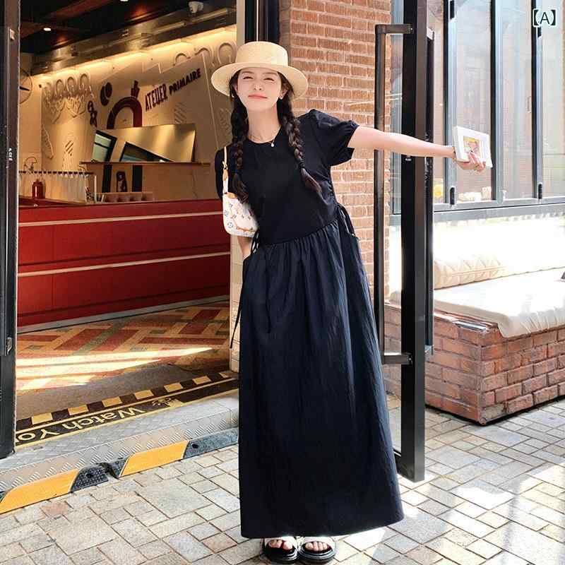 樂天商城 - ワンピース 長裙 法式 切り替え 偽ツーピース 短袖 ロングドレス ルーズ ブラック 純色 丸首 中腰 系紐 涤綸 ポリエステル 気質 夏 接触冷感 伸縮性 吸湿速乾 通勤 普段使い