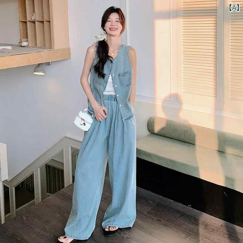 レディース セットアップ デニム トップス ベスト ワイドパンツ ライトブルー 綿素材 接触冷感 夏 春夏 復古風 カジュアル ゆったりシルエット ロングパンツ 無袖 吸湿速乾 軽量 通勤 普段使い アウトドア