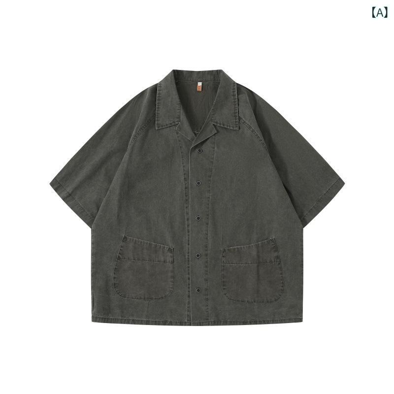Rakuten - メンズ シャツ トップス 古着風 短袖 キューバカラー 翻領 ワイドシルエット ゆったり 綿混紡 透気性 免烫加工 条紋柄 切り替え 深グレー ミリタリーグリーン 春夏 ストリート カジュアル 普段使い