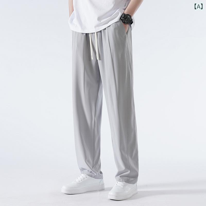 Sweat - メンズ 直筒パンツ 接触冷感 夏 薄手 ワイドレッグ ロングパンツ 運動 休闲 伸縮性 吸湿速乾 ポリエステル 再生繊維 中腰 マイクロストレッチ グレー ブラック ベージュ カジュアル ストリートファッション スポーツウェア 通勤 普段使い アウトドア