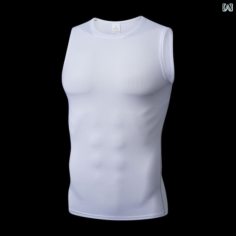 Men'S Wear - メンズ タンクトップ 無袖 トレーニング フィットネス 筋トレ ランニング バスケ 夏 接触冷感 再生繊維 高弾性 速乾 透気 吸湿排汗 軽量 伸縮性 プレーンカラー 白色 ブラック ライトブルー グレー グリーン ネイビー レッド 広肩デザイン カジュ