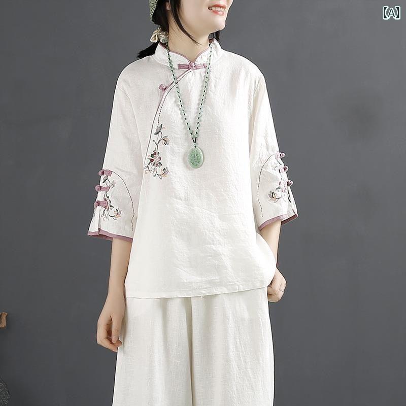 樂天商城 - 中国風 シャツ レディース 春夏 立領 盤ボタン 刺繍 綿麻 七分袖 開衫 ゆったり 花柄 植物柄 切り替え 単排ボタン 白色 ピンク ブルー イエロー パープル 復古 茶服 トップス 上衣 斜襟 普通丈 ゆったりシルエット 吸湿速乾 軽量 通勤 普段使