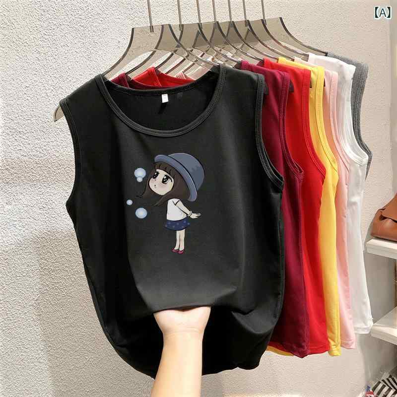 Rakuten - ノースリーブTシャツ レディース 夏 接触冷感 再生繊維 プルオーバー 丸首 無袖 ワイドシルエット プリント柄 大きいサイズ トップス ブラック ホワイト グレー ピンク イエロー レッド ワインレッド 日韓カジュアル ゆったり 吸湿速乾 立体装飾 部