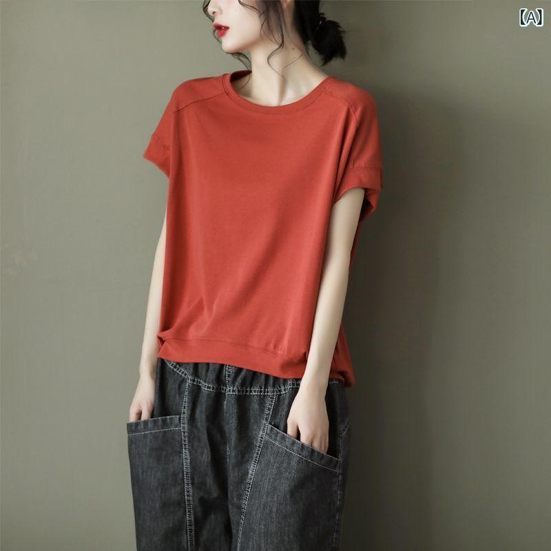 Rakuten - Tシャツ 女性用 春夏 短袖 トップス 丸首 ゆったり 綿素材 接触冷感 遮肉 スタイルアップ 通勤 普段使い 赤 緑 ブラウン ブラック 気質 シンプル 吸湿速乾 軽量