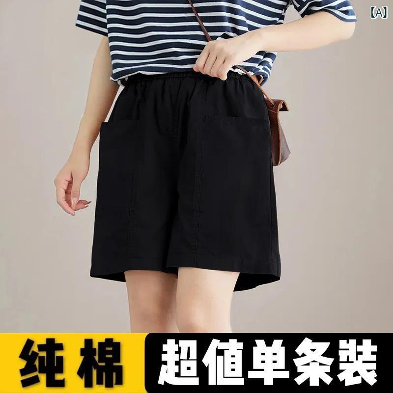 ショートパンツ レディース 夏 大きいサイズ ゆったり ワイドレッグ コットン 綿 工装 カーゴポケット デザイン 直筒 ミドル丈 松緊腰 中厚 通勤 通勤風 気質 快適 休闲 ブラック レッド グリーン カーキ 無弾力 ポケット ゆったりシルエット 普