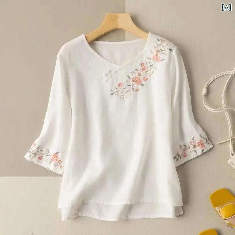 Rakuten - 刺繍シャツ レディース 綿麻 七分袖 刺繍 花柄 植物柄 切り替え ルーズフィット ラウンドネック 普通丈 夏 春夏 白色 黄色 紫色 ピンク かわいい 復古 快適 休闲 通勤 普段使い 軽量 通気性 吸湿速乾