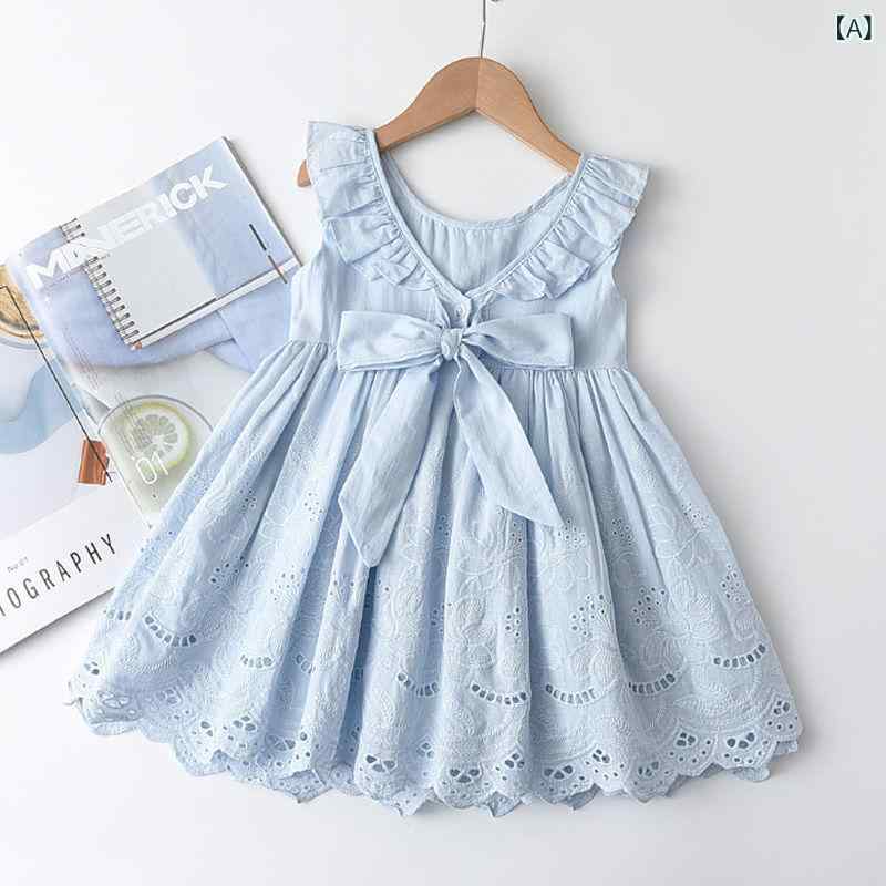 女児 ワンピース 女の子 子供服 かわいい プリンセス スカート 蝶結び 刺繍 レース 無袖 A字型 綿 コットン 接触冷感 夏 春夏 超短丈 甘め ブルー ピンク系 軽量 伸縮性 吸湿速乾 通学 普段使い 遊び着