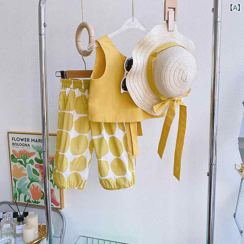 樂天商城 - 女の子 ベビー トップス 背心 無袖 綿100 柔らかい 肌触り 良い ポルカドット パンツ 長ズボン 黄色 夏 春夏 セット 韓国風 カジュアル 普段使い 3〜8歳 中小児 子供服 キッズ 女児 伸縮性 吸湿速乾 通気性 良い
