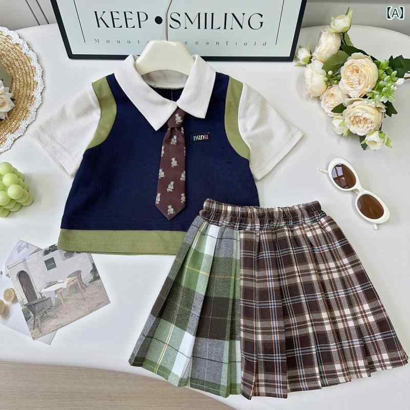 女児 学院風 スカートセット 子供服 レディースキッズ 春夏 短袖 スカート トップ...