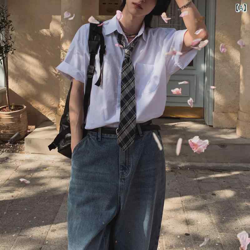 乐天商城 - メンズ 短袖 シャツ 夏季 韓国風 通勤 制服 内搭 学院風 トップス 開襟 翻領 ワイド ゆったり シルエット 純色 耐摩耗 ポリエステル 混紡 免烫 ポケット 装飾 白色 グレー 休闲