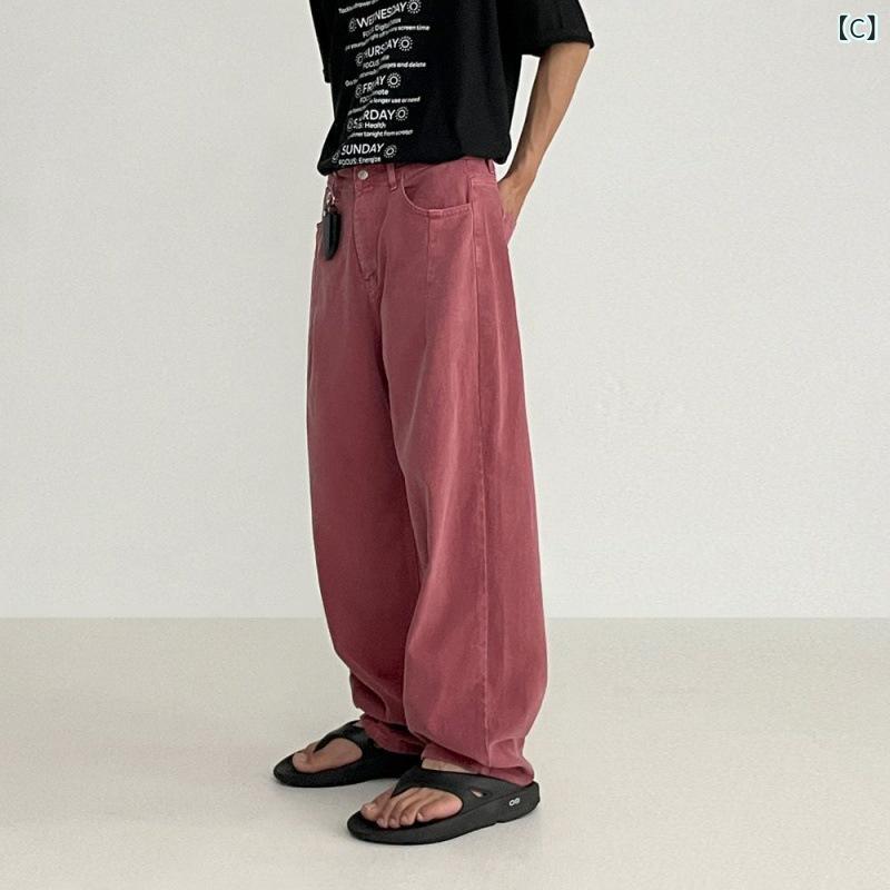 narukiのメンズ デニムパンツ 夏 復古 ワイドレッグ ストレート 牛仔 無弾性 水洗加工 中腰 ロングパンツ 青少年 普段使い 緑 グレー レッド カジュアル シンプル 高級感 ゆったり シルエット｜アングル3