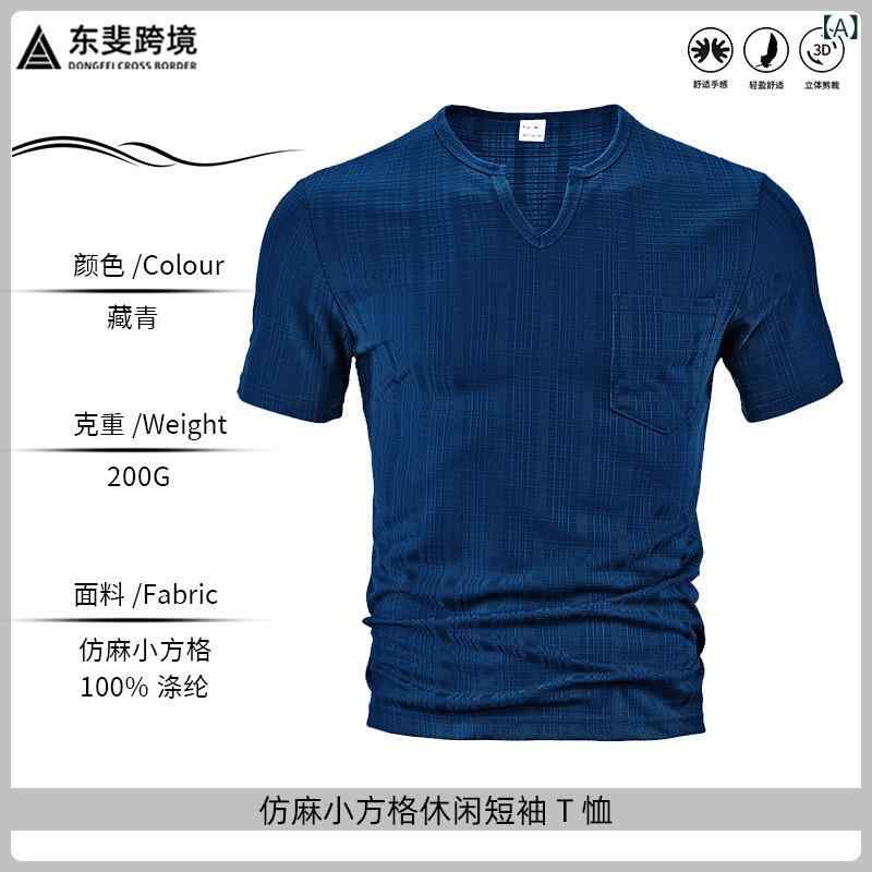 Other - Tシャツ メンズ 男性用 Vネック 短袖 夏 春夏 運動 スポーツ 休闲 日常使い 偽麻 ポリエステル100 吸湿速乾 透気性 薄手 ルーズフィット ワイドシルエット 小格子柄 提花 ネイビー ホワイト ブラック カーキ グレー ライトブルー 通勤 外出