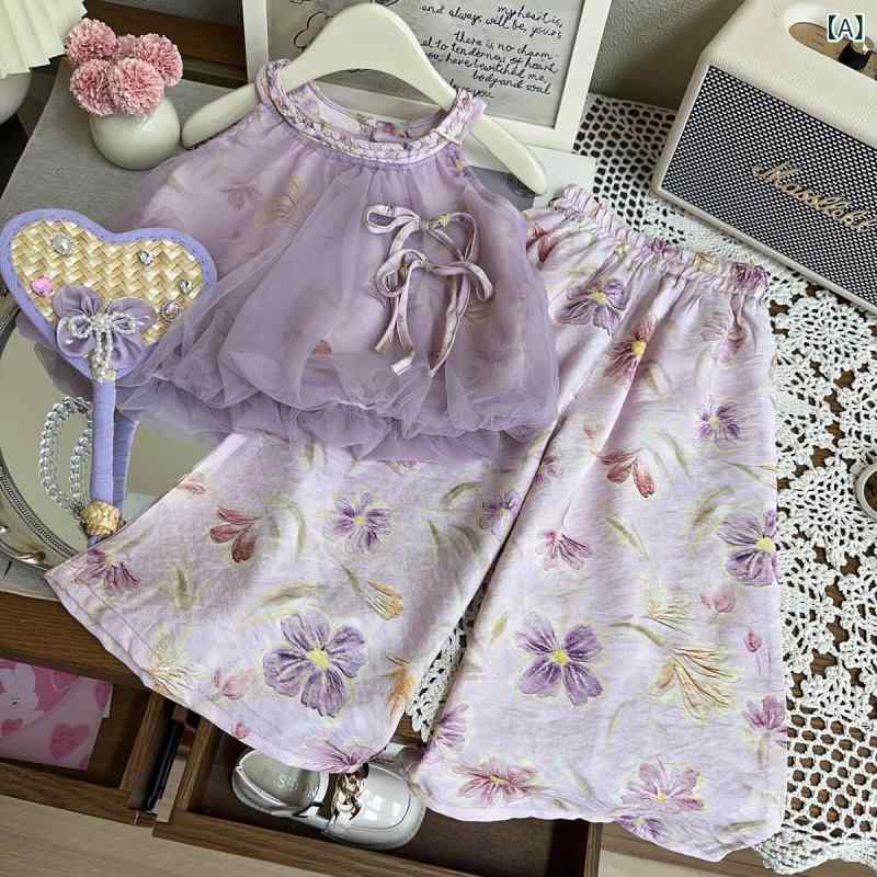 女児 キッズ 女の子 トップス 吊りトップス ブラウス シャツ 網纱 レース 切り替え...