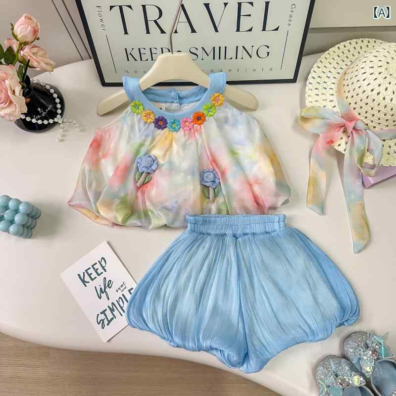 女児 トップス 背心 ショートパンツ セット 夏 春夏 接触冷感 ポリエステル 涼しい 伸縮性 通気性 韓国風 かわいい 普段使い 部屋着 90-140cm 3-8歳 ブルー 女の子 子供服