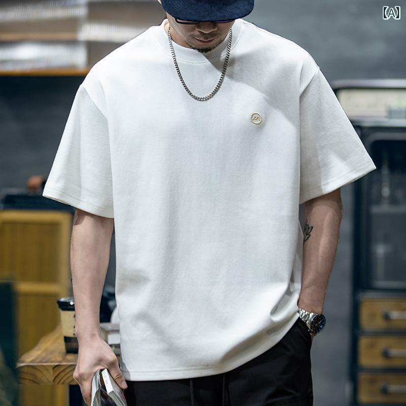Tシャツ メンズ 短袖 落肩袖 丸首 刺繍 ロゴ 綿混 ポリエステル混 薄手 軽量 透気性 ゆったりシルエット 夏用 休闲 ストリート カジュ..