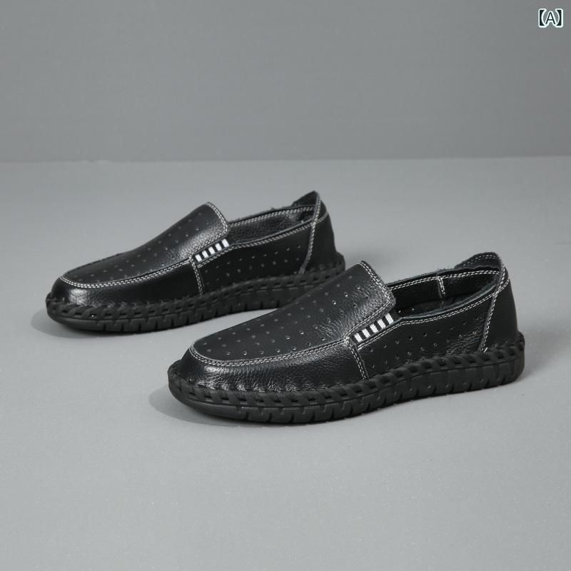 Men'S Shoes - メンズ ローファー 夏 男性用 本革 頭層牛皮 革靴 低筒 丸トゥ 低ヒール 透気 除臭 吸汗 防滑 ゴム底 注塑 ピスネージュ 切り替え 休闲 普段使い セットオン 黒 白 ブラウン グレー ブルー 接触冷感 快適
