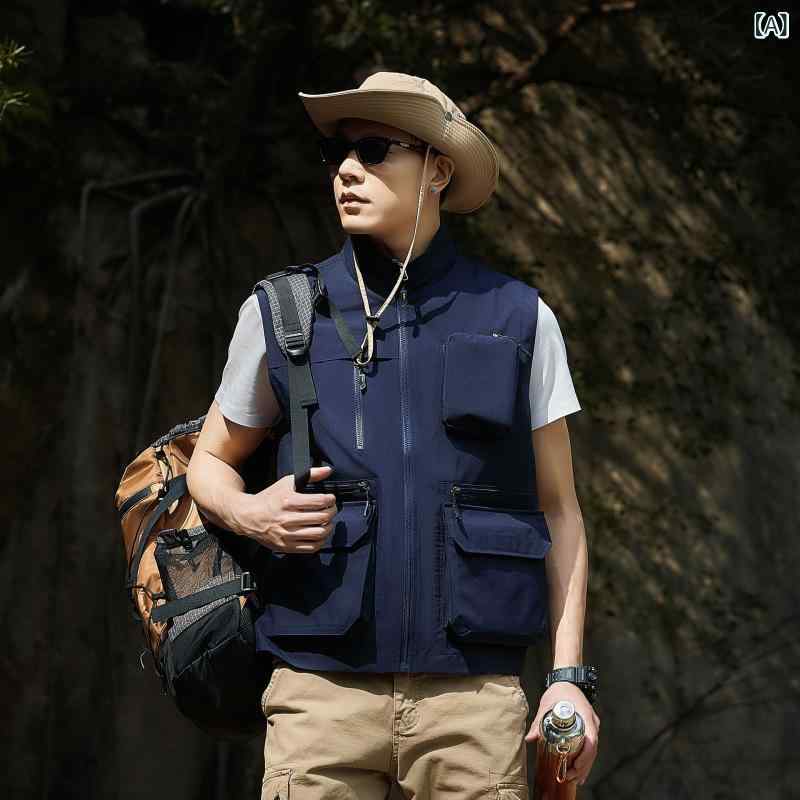 Fishing Vests - メンズ ベスト 春夏 立領 ジップアップ 薄手 ポリエステル 多ポケット 釣り 写真撮影 アウトドア 作業着 ルーズフィット 宝藍 軍緑 カーキ グレー ブラック 通勤 通学 普段使い 軽量 吸湿速乾 動きやすい