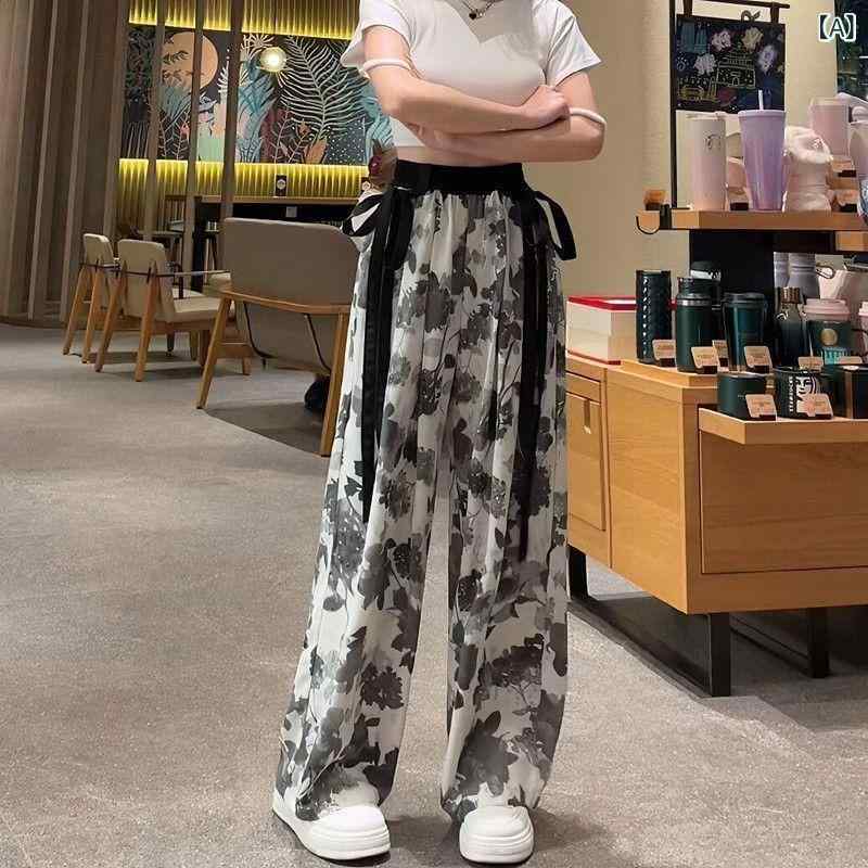 Long-Trousers, Trousers - 子供 女の子 ワイドパンツ 接触冷感 夏 国風 デザイン 薄手 軽量 ハイウエスト ロング丈 垂感 直筒 ドラッグ ストリート ファッション 梨花詩 水墨竹子 柄 再生繊維 混紡 涼しい ゆったり シルエット 日常使い