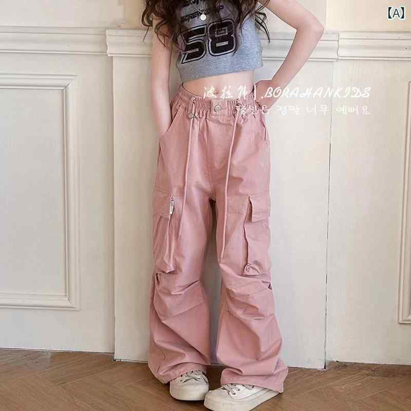乐天商城 - キッズ 男女兼用 ストレート ワークパンツ 春夏 2025 トレンド 子供 ゆったり ロングパンツ ユニセックス 普段使い 涤綸 柔らか素材 純色 ミッドライズ ゴムウエスト ピンク ブラック 120cm〜170cm スポーツ要素 夏向け 通学 遊び着