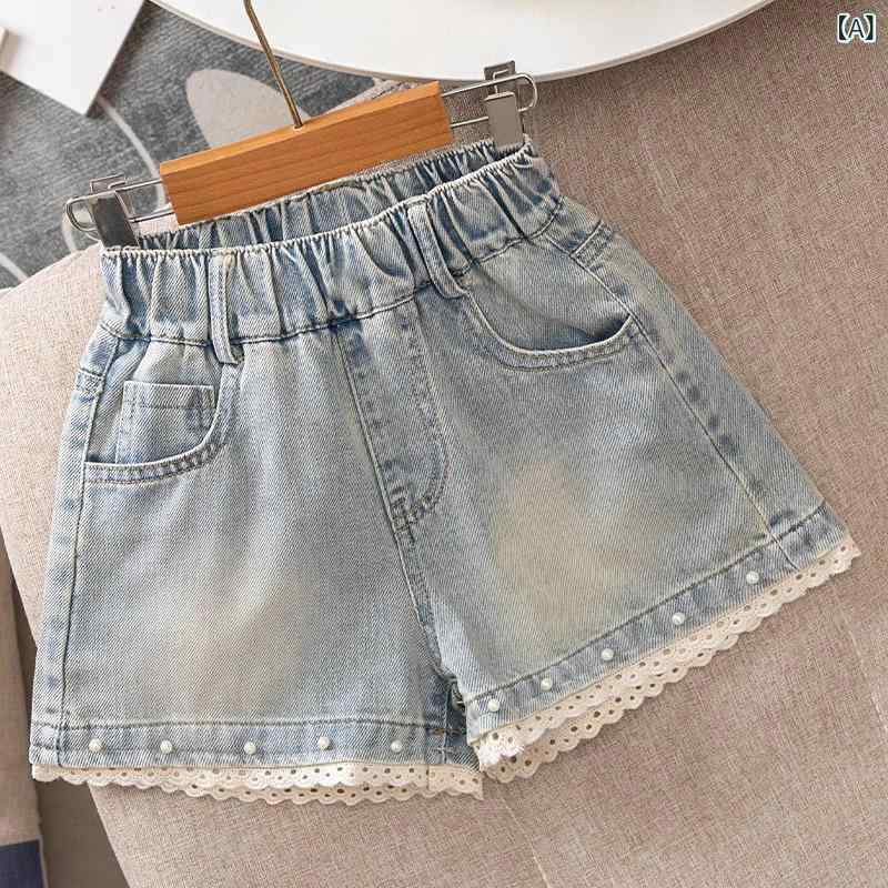 Long-Trousers, Trousers - 女児 短パン 牛仔 夏 キッズ 女の子 中大童 韓版 休闲 ワイド ハイウエスト 薄手 花边 珍珠 レース 網纱 柔軟 薄款 短丈 純色 丸点 柄 白色 ピンク かわいい 普段使い 通学 伸縮性 吸湿速乾 軽量