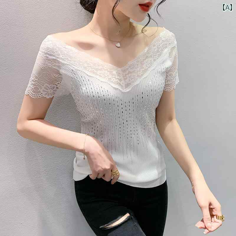 Rakuten - Tシャツ レディース 短袖 Vネック レース 刺繍 切り替え メッシュ ニット 修身 フィット 透け感 ホワイト ブラック 春夏 快適 吸湿速乾 軽量 日韓カジュアル 普段使い トップス