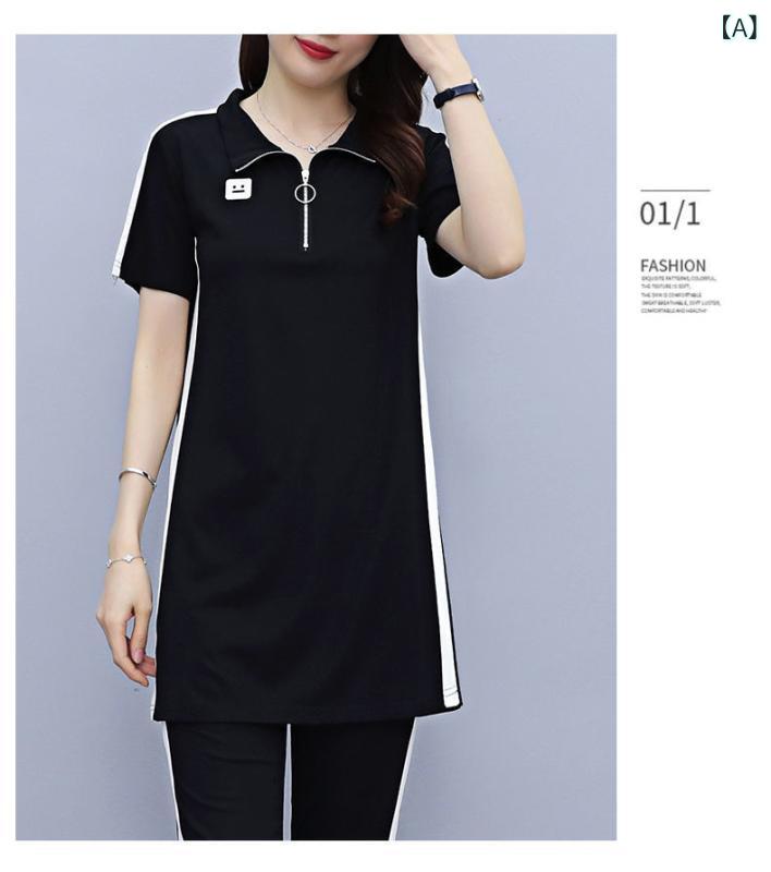 Rakuten - レディース プラスサイズ 運動 セットアップ 夏 POLO トップス 短袖 中長丈 Tシャツ 九分丈 クロップドパンツ ワイドパンツ ルーズ ブラック ポリエステル ジオメトリック柄 ジッパー 切り替え 日韓カジュアル スイート フレッシュ 接触冷感 吸