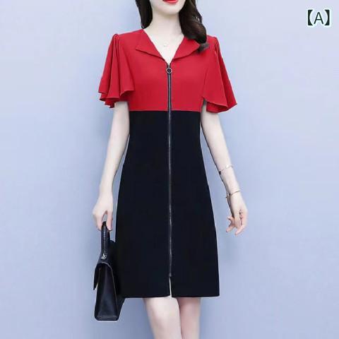 Rakuten - ワンピース レディース 夏 春夏 Vネック 短袖 フレア ハイウエスト 切り替え 赤 緑 ポリエステル 接触冷感 通勤 普段使い ゆったり かわいい 軽量 伸縮性 吸湿速乾 快適