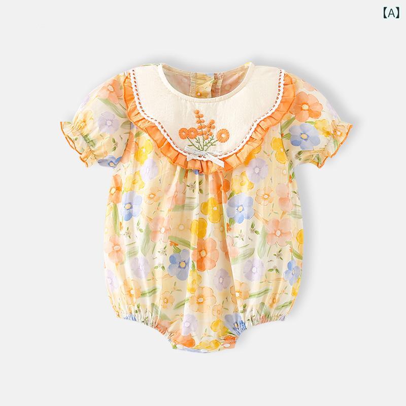 Rakuten - ベビー 女の子 連体服 夏 薄手 綿 短袖 かわいい クロッチ開閉 暗扣 薄型 軽量 通気性 吸湿速乾 プリンセス 甘め 初生 満月 66cm 73cm 80cm 90cm 100cm クロール服 爬行服
