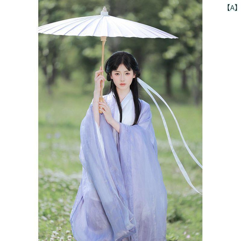 ・カテゴリ: 漢服・主な素材: ポリエステル（90%以上95%未満）・生地: シフォン・カラー展開: 紫色ワイドスリーブトップス+白色連体スカート、紫色ワイドスリーブトップス+連体スカート+インナー上下・サイズ展開: S、M、L、XL・デザイン: グラデーション染め、ペールトーン