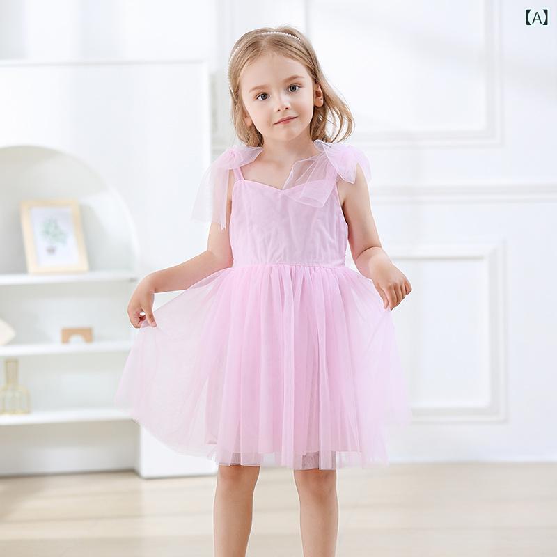 Tutu - 女児 プリンセスドレス 女の子 連衣裙 夏 無袖 吊帯 スカート 綿 柔軟素材 かわいい 純色 ピンク ホワイト グリーン プリント 中小児 3〜8歳 通学 普段使い 軽量 通気性 接触冷感 プリンセススカート フレアスカート