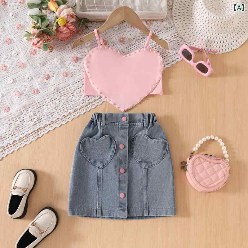 乐天商城 - 女児 キッズ 女の子 夏 春夏 服装セット トップス 背心 吊りトップス 短パン ショーツ デニム 綿 ピンク ピンク系 薄手 柔らか素材 無袖 かわいい ストリートファッション 普段使い 通園 通学 軽量 吸湿速乾 100cm 110cm 120cm