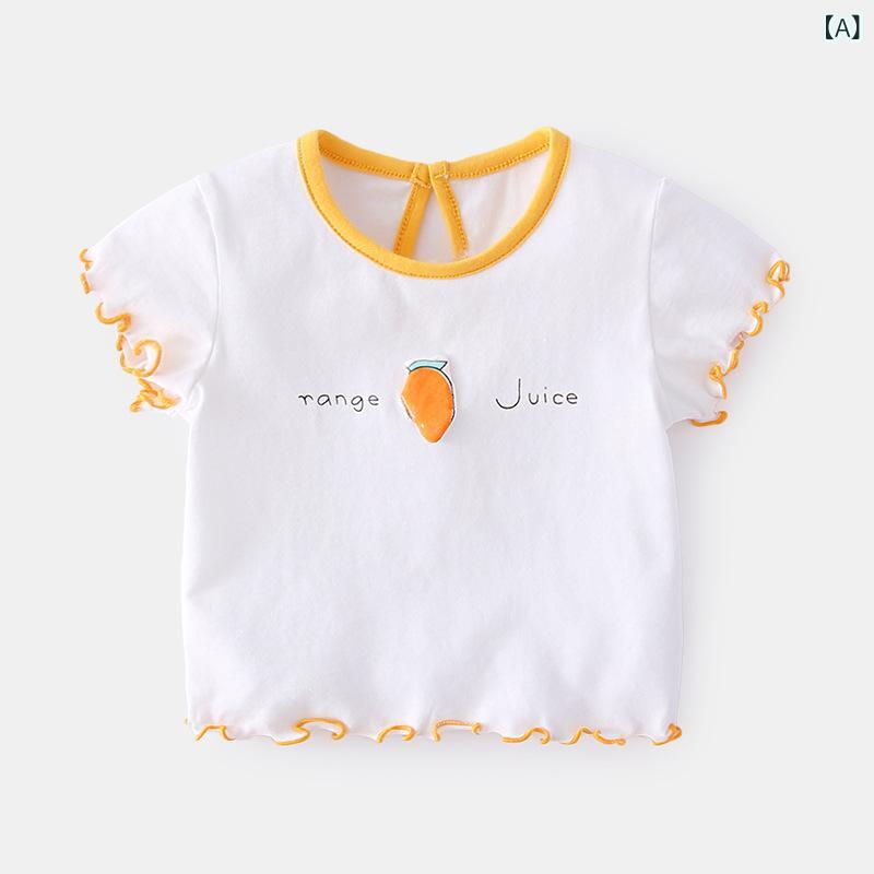 女の子 半袖 Tシャツ トップス ベビー 1歳 赤ちゃん 夏服 綿 吸汗 薄手 軽量 かわいい 立体デザイン 丸首 マンゴーホワイト ストロベリグリーン パイナップルオレンジ スイカホワイト 80cm 90cm 100cm 通年