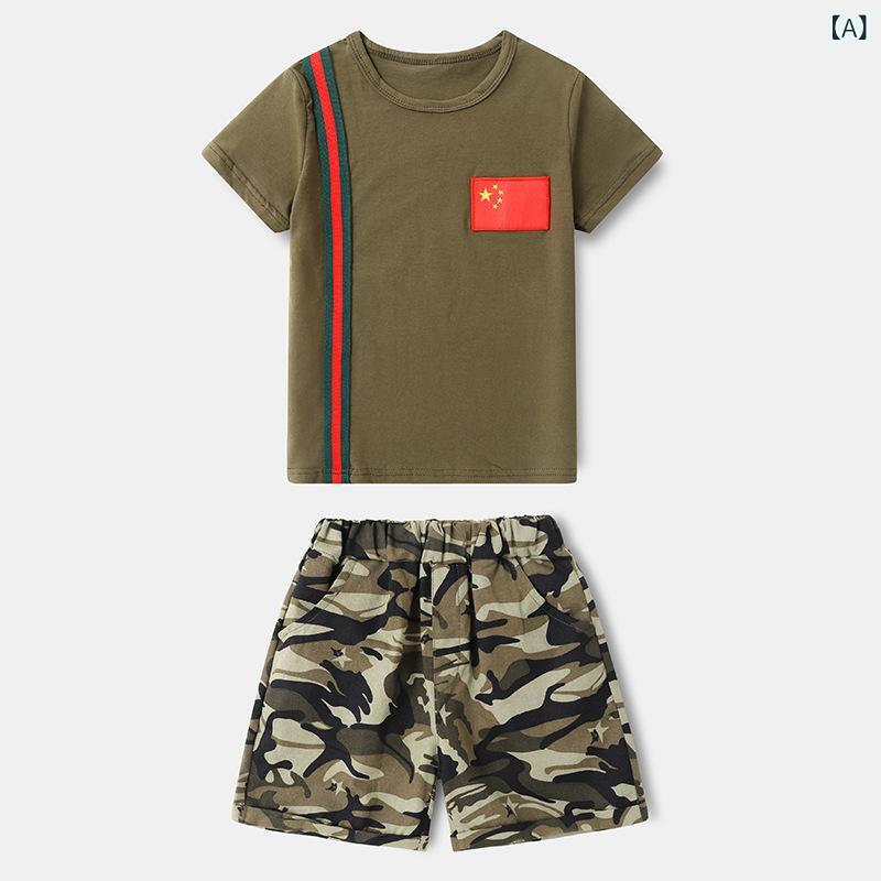 Other - キッズ 男女共用 迷彩 セットアップ トップス ショーツ スカート 綿素材 夏服 通学 夏令营 アウトドア 伸縮性 吸湿速乾 軽量 通年