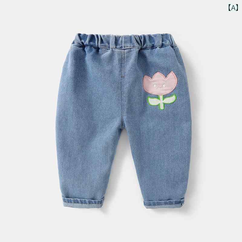 ベビー デニムパンツ 男女兼用 長ズボン 綿混 春秋 春夏 中腰 伸縮性 軽量 ブルー かわいい 卡通柄 普段使い 通園用 赤ちゃん 幼児 子供服 トップス合わせ