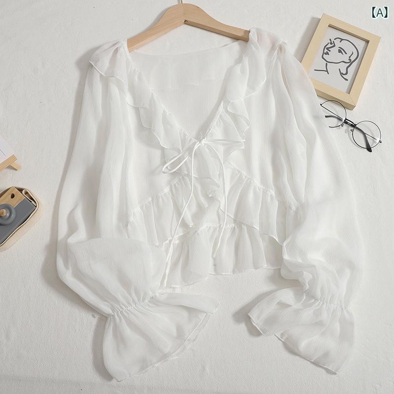 乐天商城 - 防晒衣 女性用 春夏 ピンク系 ホワイト系 ブラック系 杏色 雪ニール ストレッチ素材 接触冷感 切り替えデザイン ラッフルフリル シフォン 喇叭袖 長袖 開きカーディガン 短丈 ルーズフィット ボートネック 軽量 吸湿速乾 通勤 普段使い 部屋着 快適