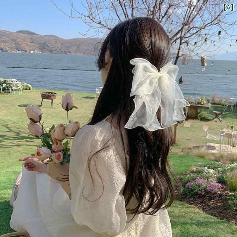 ・カテゴリ: ヘッドアクセサリー・対象: 女性・スタイル: 韓国風、フェミニン・種類: バレッタ・主な素材: チュール・デザイン: リボン・加工方法: 手作り・カラー展開: ホワイト、ブルー、ブラック
