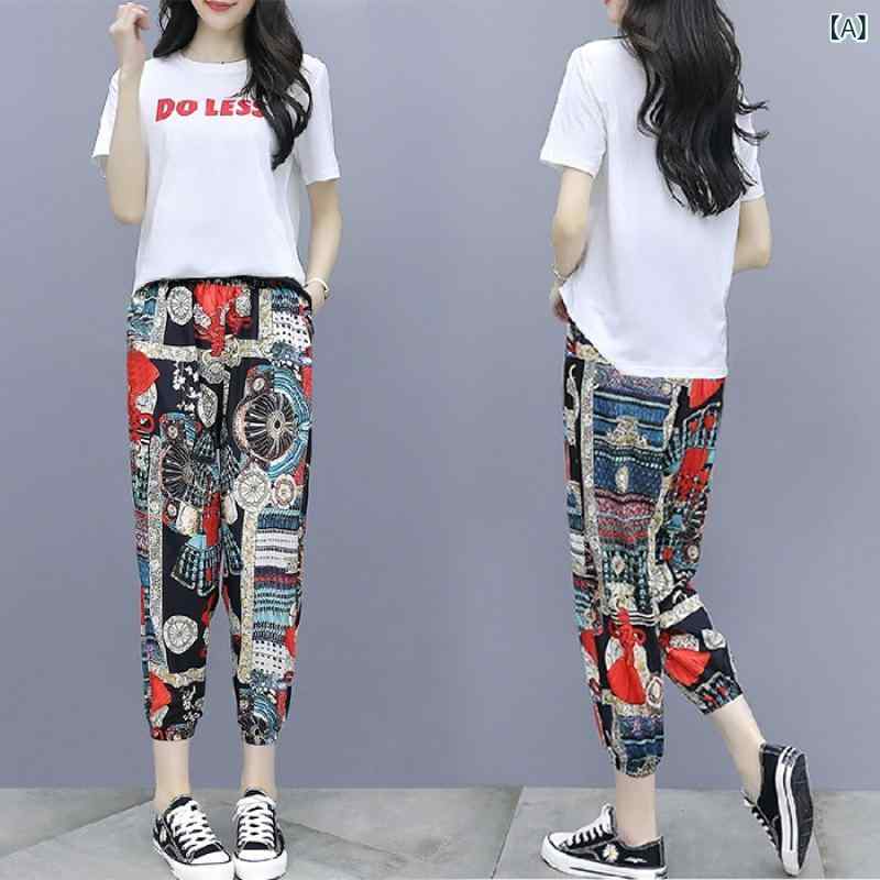Cropped Pants - レディース 雪纺 運動パンツ セット 春夏 印花 切り替え トップス ポリエステル 涼しい 軽量 伸縮性 都市カジュアル 普段使い ブラック ホワイト ゆったりシルエット 吸湿速乾 接触冷感 ファッション