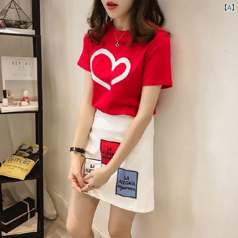 Other - レディース スカートセット トップス 半身スカート 短袖 Tシャツ かわいい ハート プリント 切り替え デザイン 紅 白 黒 カラーバリエーション ポリエステル 涤纶素材 軽量 通勤 普段使い 春夏 セットアップ セット スカートスーツ