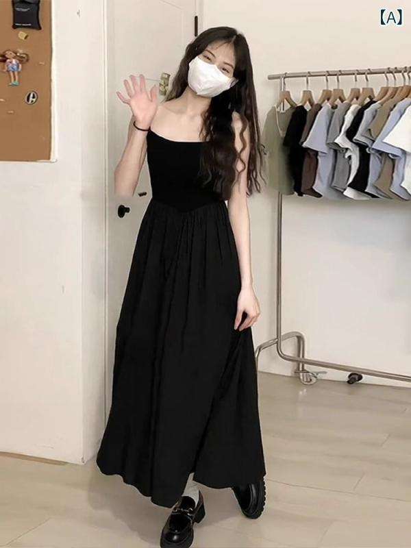 樂天商城 - ワンピース レディース 春夏 吊り帯 ロングドレス Aライン 高腰 切り替え プリーツ フレンチスタイル 気質 通勤 普段使い 接触冷感 ポリエステル 無袖 ノーカラー ホワイト ブラック 軽量 快適 伸縮性