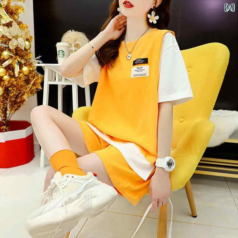乐天商城 - レディース 春夏 セットアップ 韓国風 学院風 潮 ワイド ルーズ 偽ツーピース 半袖 Tシャツ ショートパンツ ハーフパンツ 撞色 切り替え ポリエステル 再生繊維 ミックス 甜美 清新 日常 スポーツ 気質 トップス ボトムス オレンジ グレー ホワ