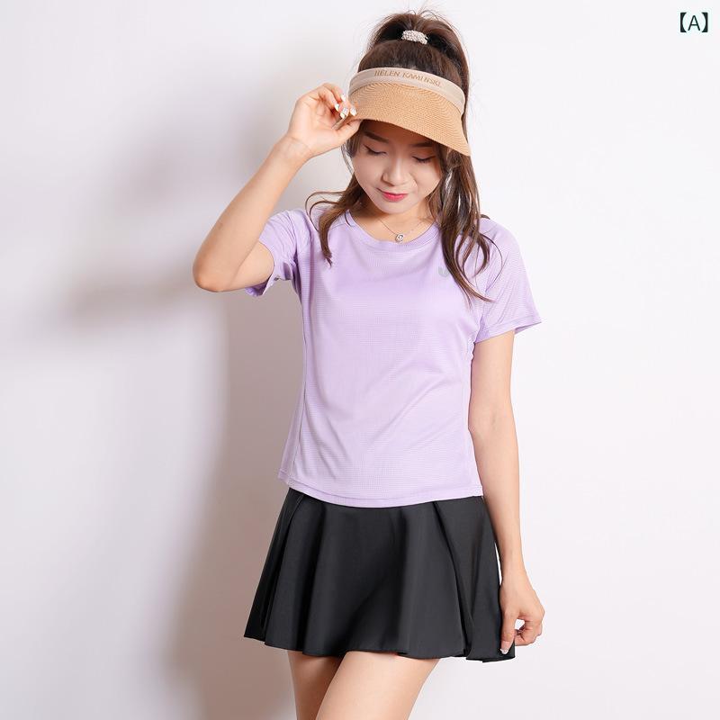 Tops - Tシャツ 女性用 短袖 春夏 速乾 接触冷感 吸湿速乾 透気性 運動 ランニング ジョギング フィットネス 屋外 アウトドア マラソン 夜間 反光 紫色 イエロー ネイビー ブラック ライトブルー 涤纶 ポリエステル 100％ 丸首 カジュアル アクティ