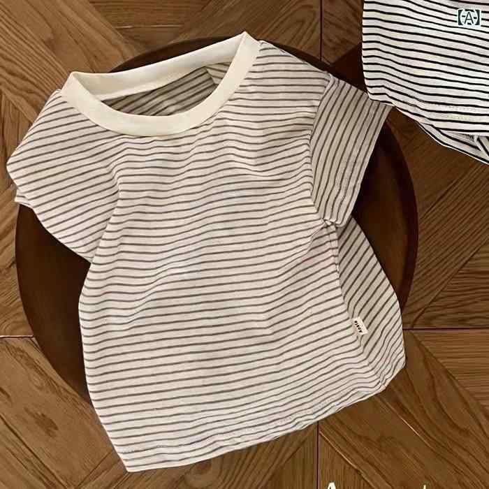 Overalls - キッズ Tシャツ 男女共用 ベビー 短袖 トップス 夏 春夏 吸湿速乾 綿 柔軟 切り替え 丸首 条紋 米白色 ブラウン ブラック かわいい カジュアル