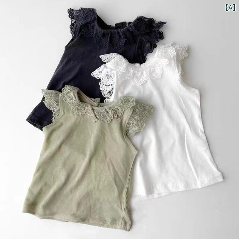 Overalls - ベビー 男女兼用 夏 薄手 綿 柔軟素材 セットアップ 無袖 レース フリル袖 背心 トップス かわいい プリント 大きめ ショートパンツ 2点セット 73-100cm 対応