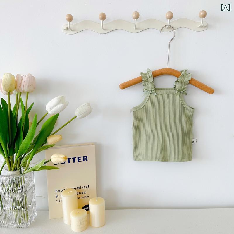 女児 吊り帯 背心 トップス ベビー レディース キッズ 子供服 綿 肌触り良い 柔らかい 花辺 レース 切り替え ピュアカラー 緑 米黄 ピンク ブルー 春夏 夏 軽量 通気性 吸湿速乾 普段使い 部屋着