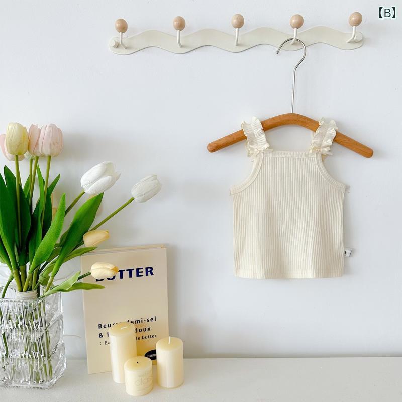 narukiの女児 吊り帯 背心 トップス ベビー レディース キッズ 子供服 綿 肌触り良い 柔らかい 花辺 レース 切り替え ピュアカラー 緑 米黄 ピンク ブルー 春夏 夏 軽量 通気性 吸湿速乾 普段使い 部屋着｜アングル2