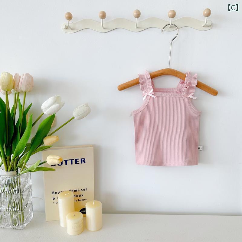 narukiの女児 吊り帯 背心 トップス ベビー レディース キッズ 子供服 綿 肌触り良い 柔らかい 花辺 レース 切り替え ピュアカラー 緑 米黄 ピンク ブルー 春夏 夏 軽量 通気性 吸湿速乾 普段使い 部屋着｜アングル3
